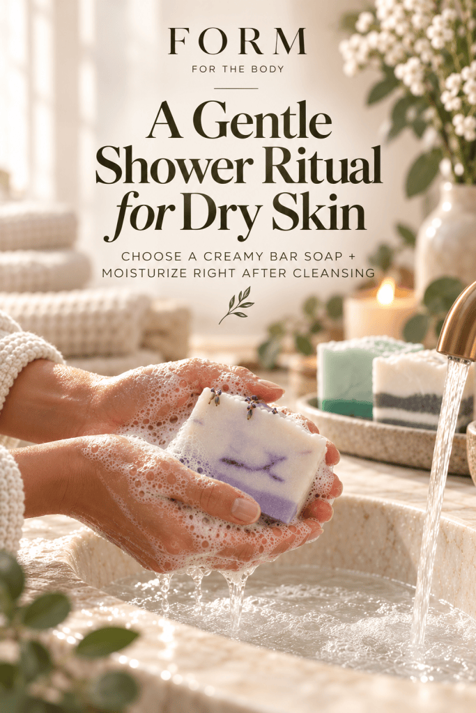 Hands with soft neutral nail polish lathering a lavender jasmine shea butter soap bar at a bathroom sink for a dry skin shower routine.