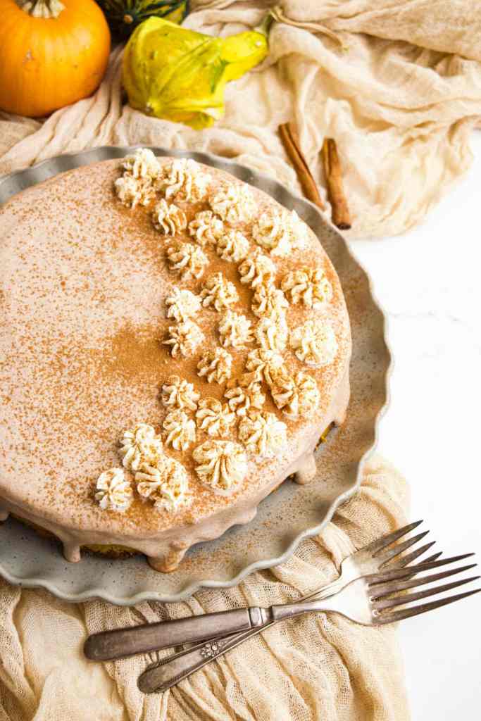 A round pumpkin cheesecake topped with whipped cream swirls and a dusting of cinnamon, surrounded by decorative pumpkins and gourds on a textured fabric backdrop.