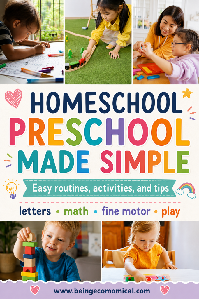 Pinterest pin about homeschool preschool made simple with easy routines, activities, and tips for teaching preschool at home.