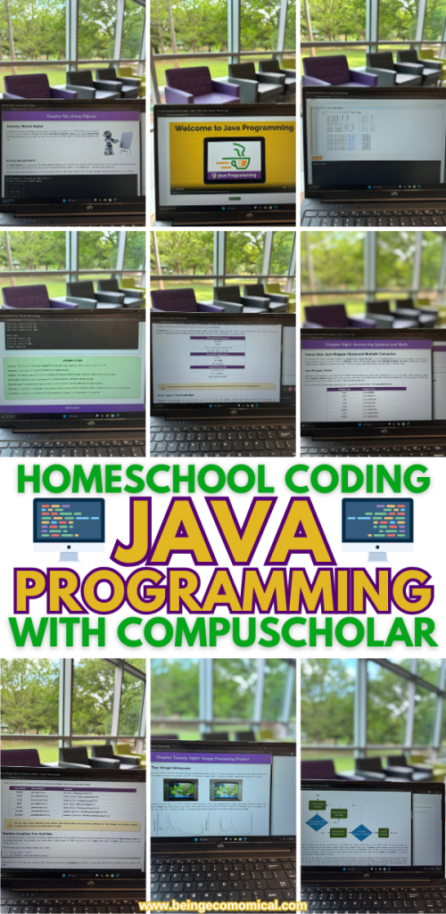 A collage of screenshots showcasing a Java programming course for homeschoolers, featuring interactive coding exercises and educational content on a laptop, with a modern workspace in the background.