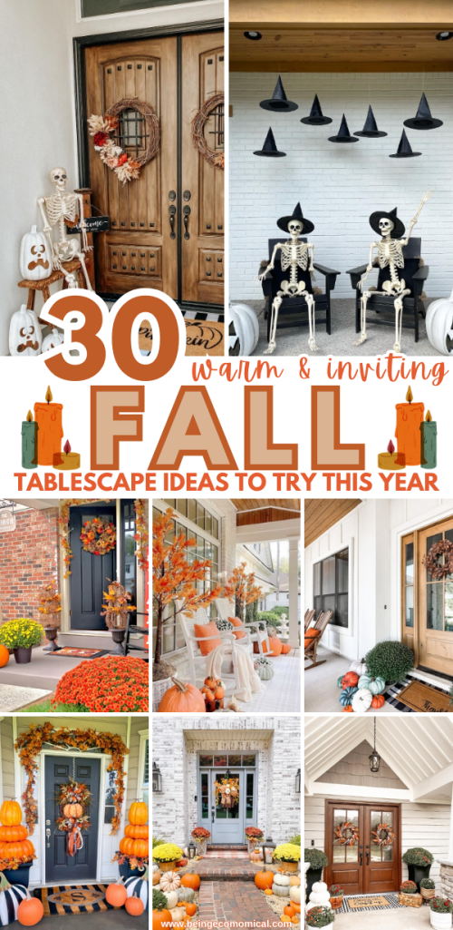 A collage of fall-themed tablescapes featuring decorated doorways, pumpkins, and autumn decor elements, highlighting various warm and inviting fall table ideas.