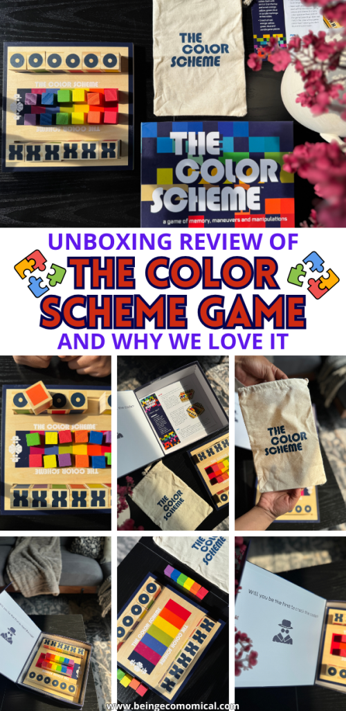 An unboxing layout featuring 'The Color Scheme' board game, showcasing the colorful wooden game pieces, storage pouch, and game instructions on a table with floral decor.