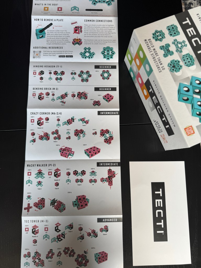Instruction booklet for Tecti building system showing step-by-step guides for constructing various structures in beginner, intermediate, and advanced levels.