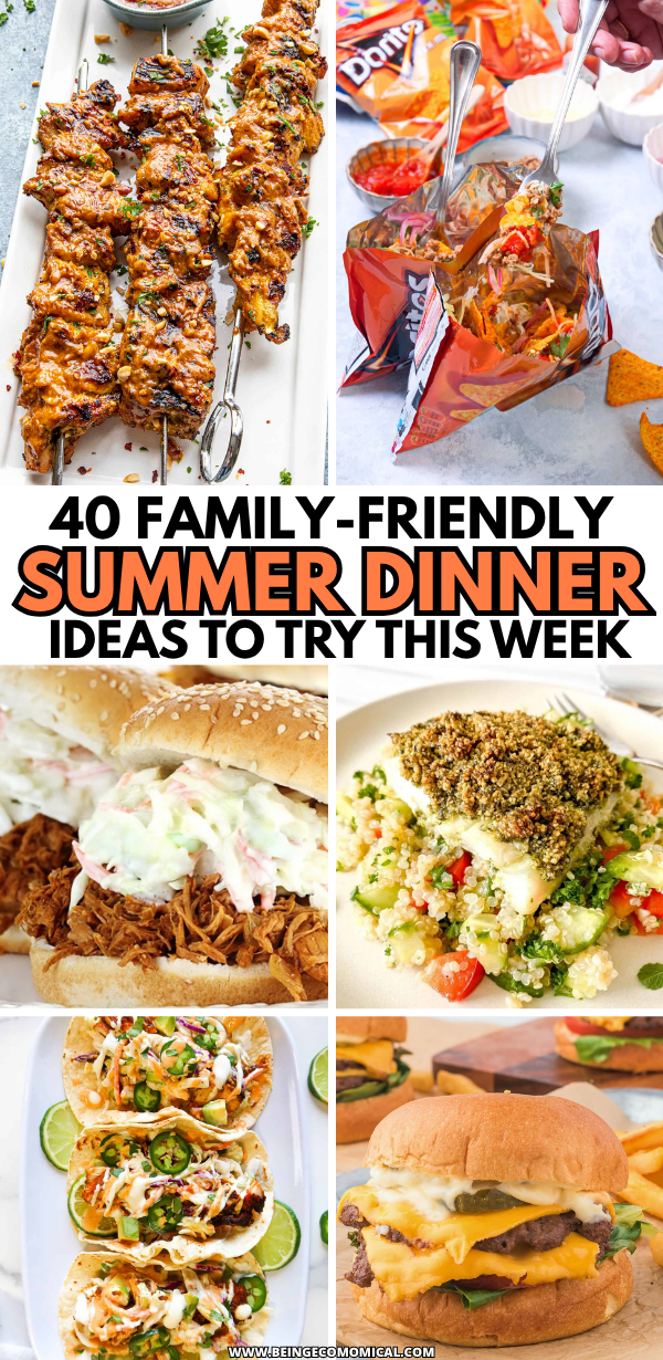 Skewers with grilled meat, loaded Doritos bag, pulled pork sandwich, herb-crusted fish with salad, tacos with jalapenos, cheeseburger with fries