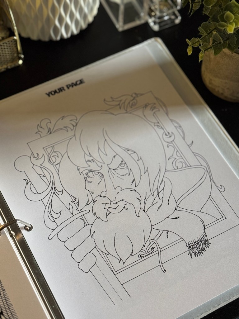 An illustrated drawing exercise page featuring a character with a beard and elaborate hairstyle, set in a decorative frame, surrounded by art supplies.