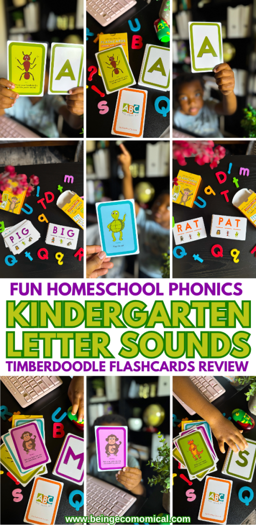Bright homeschool pin featuring a child doing a kindergarten flashcard activity with uppercase letters, movement-based learning, and early reading practice using Timberdoodle flashcards.