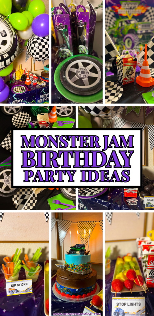Collage of Monster Jam birthday party decorations and treats, featuring colorful balloons, checkered patterns, a themed cake, and party supplies.