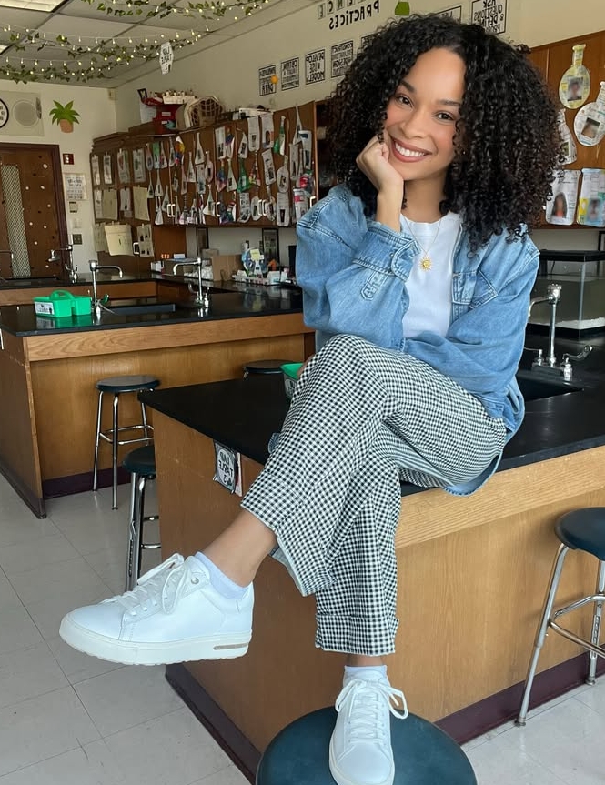 spring teacher outfit with denim jacket and gingham pants