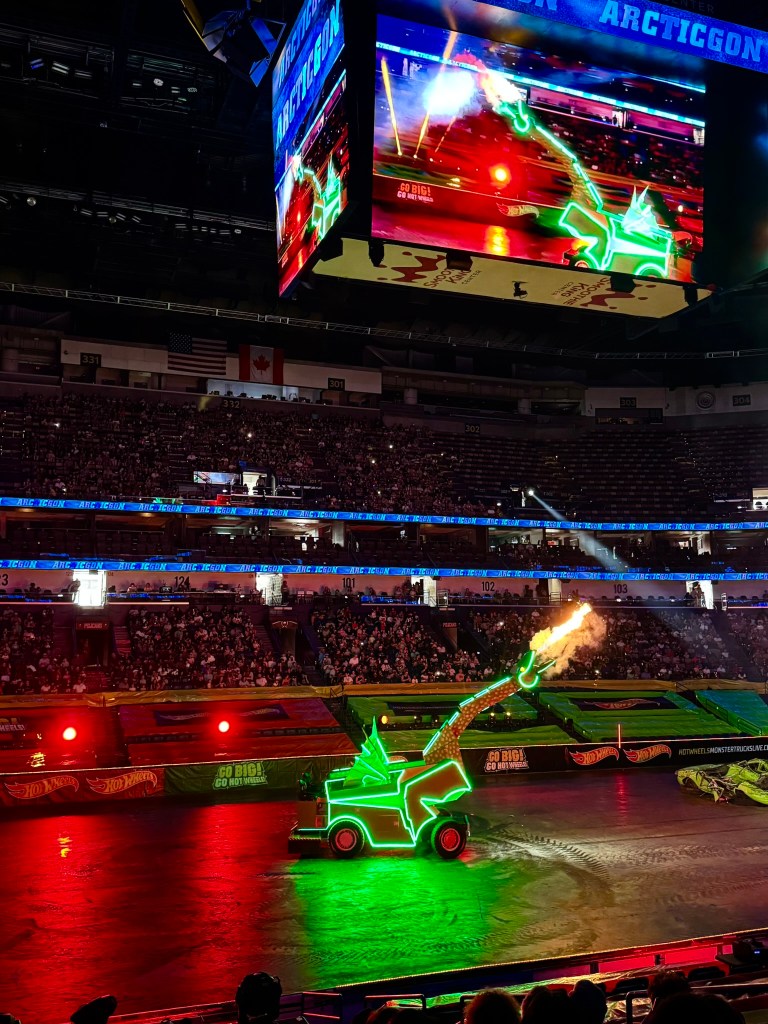 Glow-in-the-dark Hot Wheels vehicle shoots flames into the air during the live show.