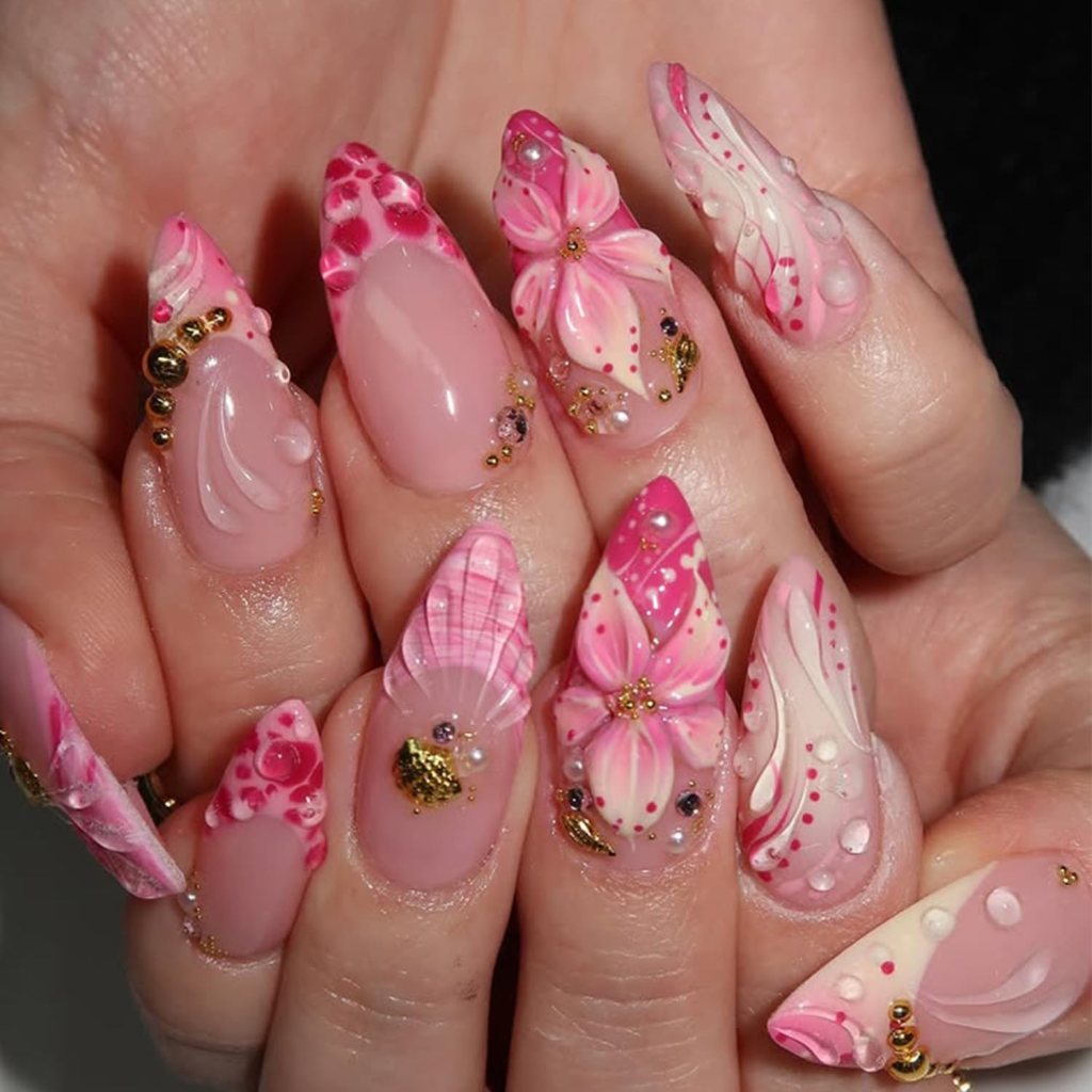 pink 3d flower acrylic nails with rhinestones and glam design
