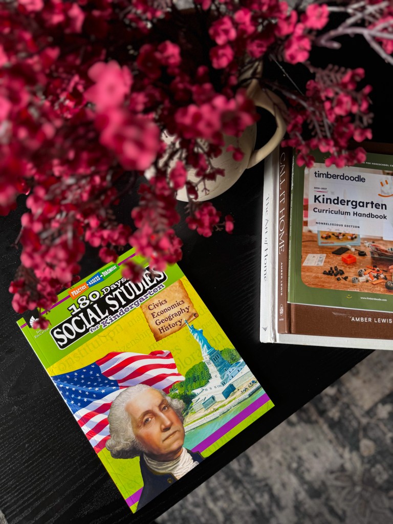 180 Days of Social Studies for Kindergarten workbook included in the Timberdoodle curriculum kit.