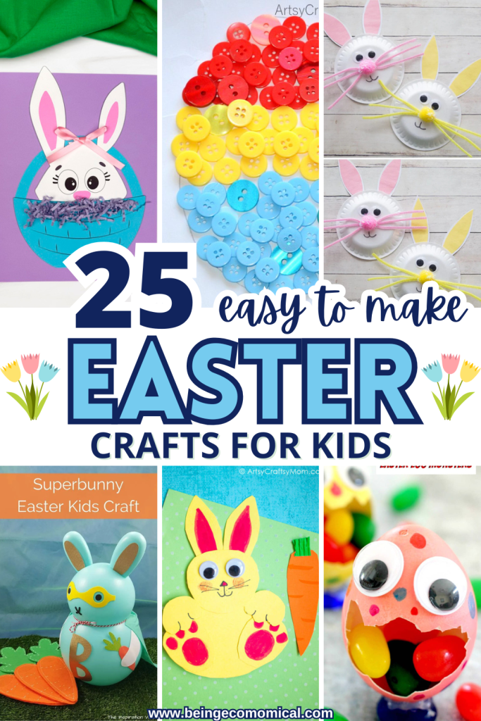 Collage of colorful Easter crafts for kids, featuring bunny decorations, button art, and playful egg designs, showcasing a variety of creative activities.
