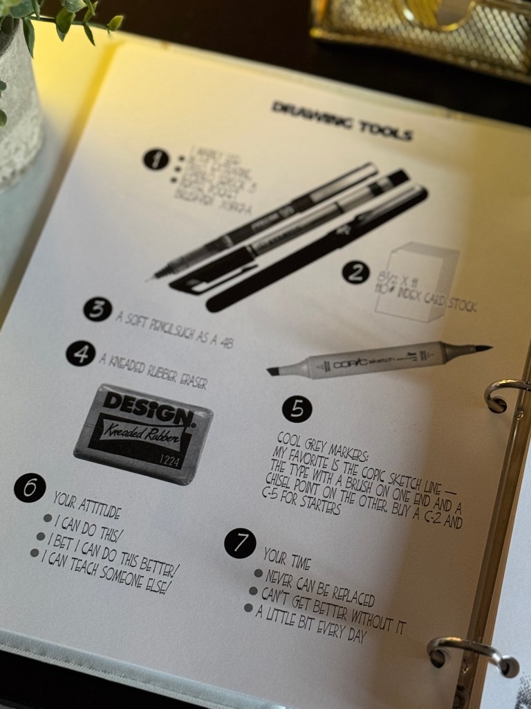 A page from a drawing curriculum showing essential drawing tools, including markers, pencils, erasers, and positive affirmations for artistic confidence.