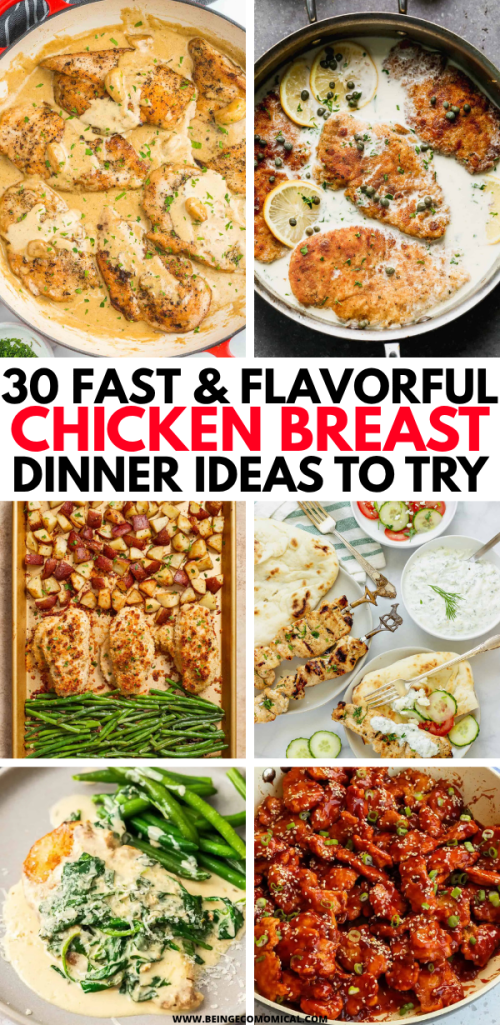 Collage of six delicious chicken breast dinner ideas, showcasing a variety of flavors and presentations. Features dishes like creamy chicken with spinach, grilled chicken skewers with sauce, crispy chicken with potatoes and green beans, and a vibrant chicken stir fry.