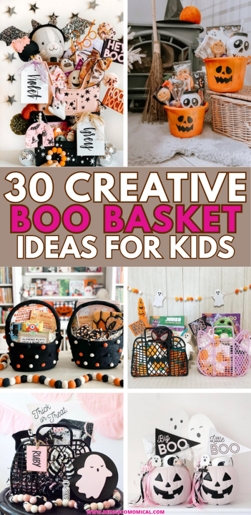 A collage of various creative boo basket ideas for kids, featuring a mix of themed baskets overflowing with treats, toys, and decorations for Halloween.