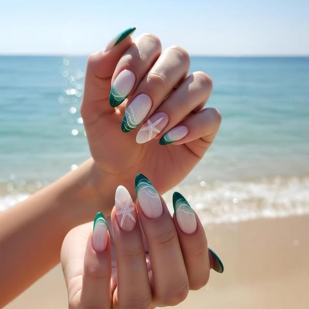 Emerald green wave ocean French tip nails with glossy beach-inspired nail art and delicate starfish accents