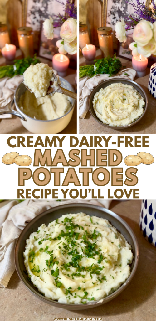 A bowl of creamy dairy-free mashed potatoes garnished with fresh herbs, surrounded by candles and decorative flowers.