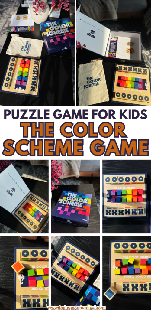 A vibrant photo collage showcasing 'The Color Scheme' board game, including colorful game pieces, code blocks, and packaging, emphasizing its engaging design and educational value.