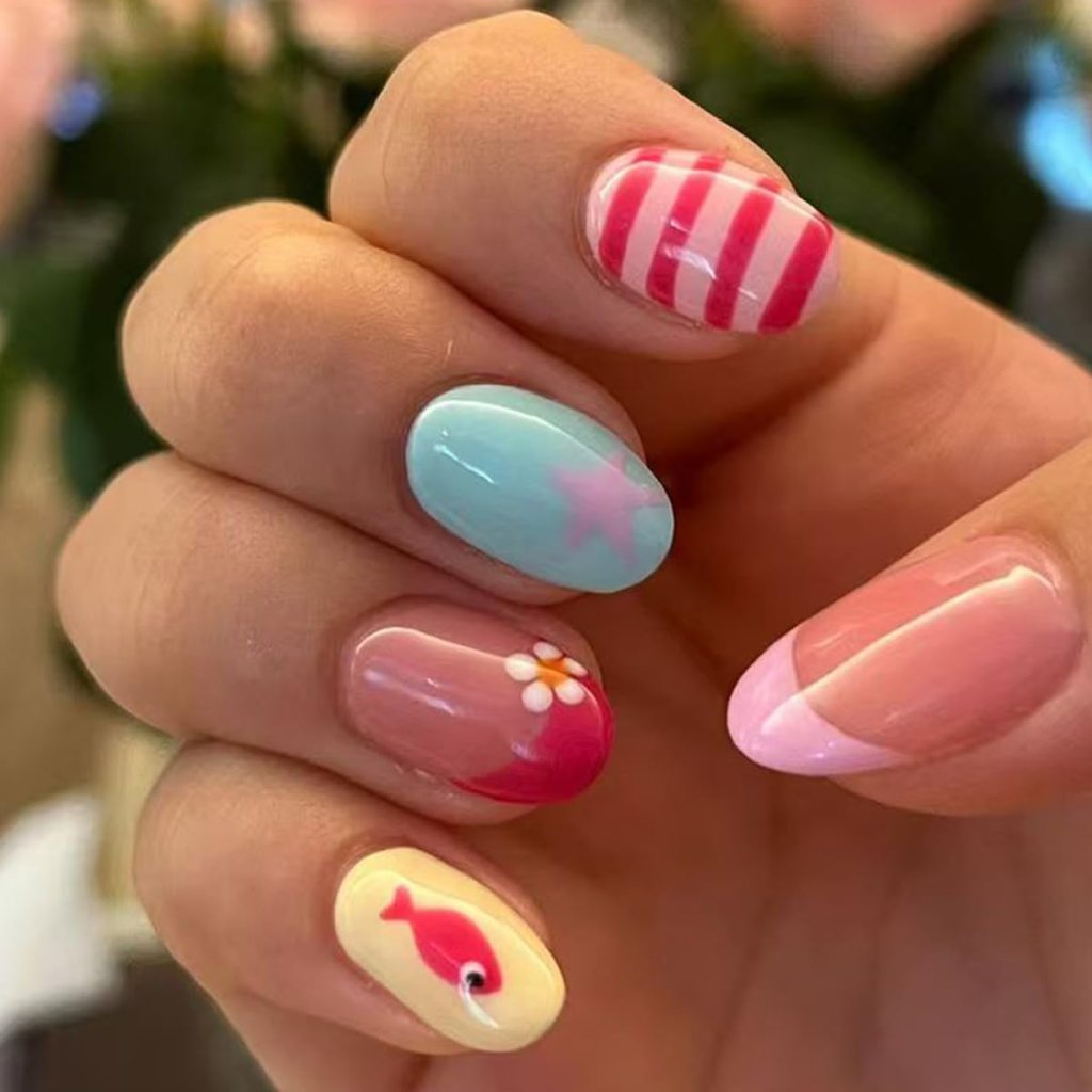 pastel floral french tip nails with soft colorful summer design

