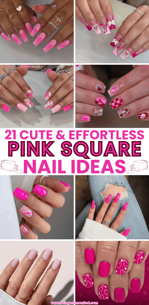A collage of various pink square nail designs, showcasing multiple styles, patterns, and nail art ideas for inspiration.