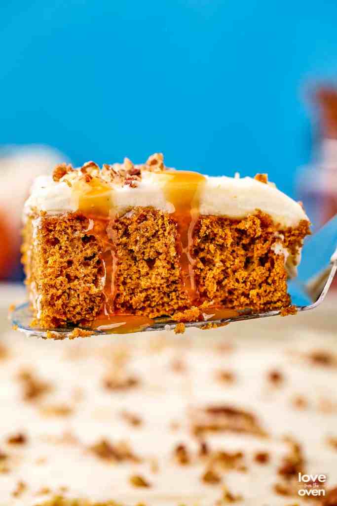 A slice of moist pumpkin bundt cake topped with cream cheese frosting and drizzled with caramel, held by a server against a blue background.