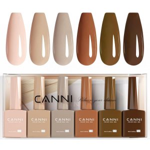 A collection of nail polish bottles and swatches showcasing various shades of nude and brown colors, ideal for fall manicures.