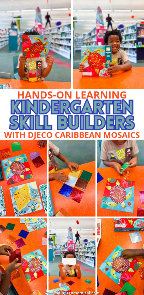A child holding a completed mosaic art piece made with colorful tiles, showcasing hands-on learning activities for kindergarten skill building.