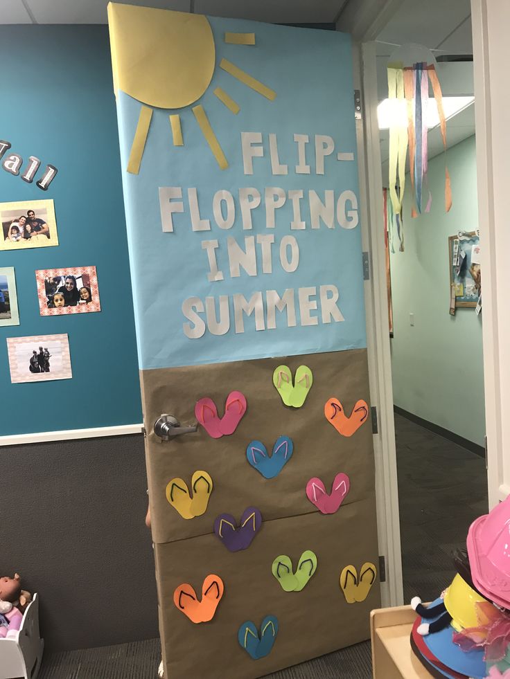 flip flopping into summer classroom door with colorful flip flops