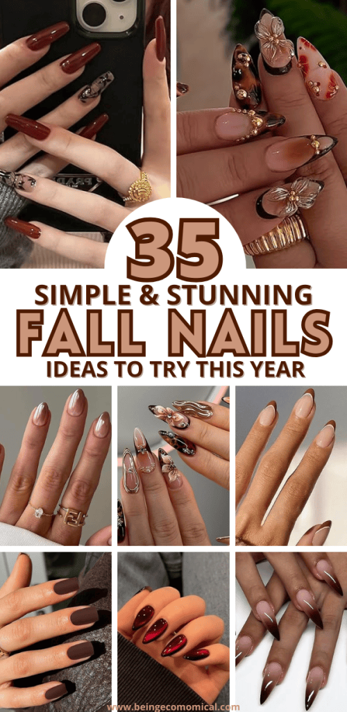 A collage featuring various manicured hands showcasing fall nail designs with rich colors, elegant patterns, and intricate nail art. Some nails are decorated with gems, while others feature charming autumn-inspired motifs.