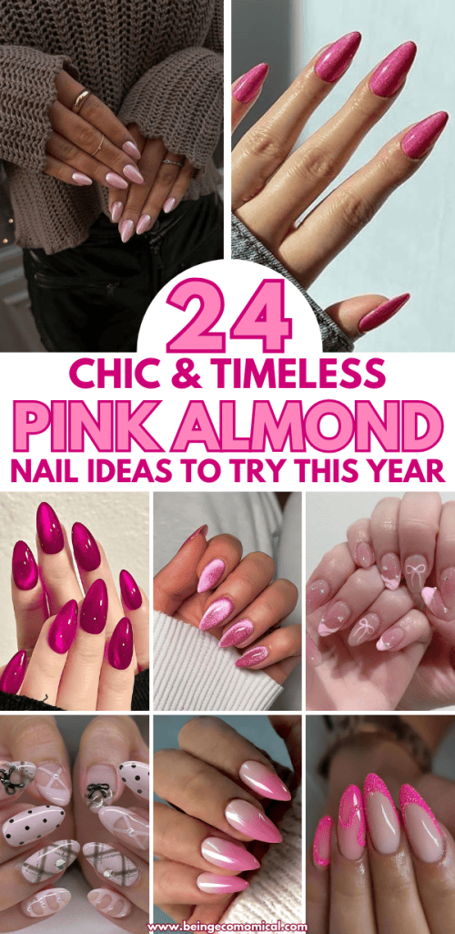 Collage of various pink almond-shaped nail designs showcasing different styles and patterns.