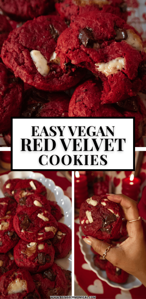 Plate of easy vegan red velvet cookies with chocolate chunks, displayed with festive red candles in the background.
