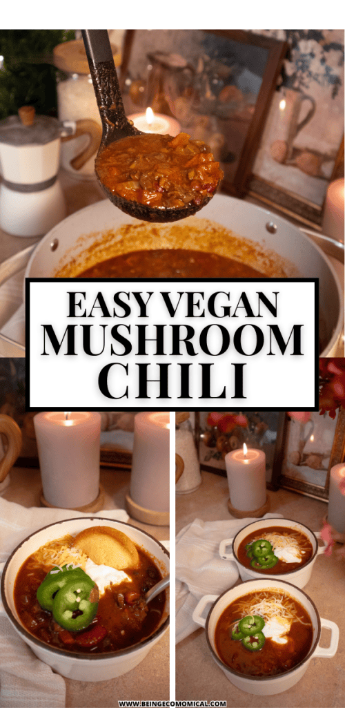 A bowl of easy vegan mushroom chili topped with green peppers and cheese, served beside a pot of chili and surrounded by candles.