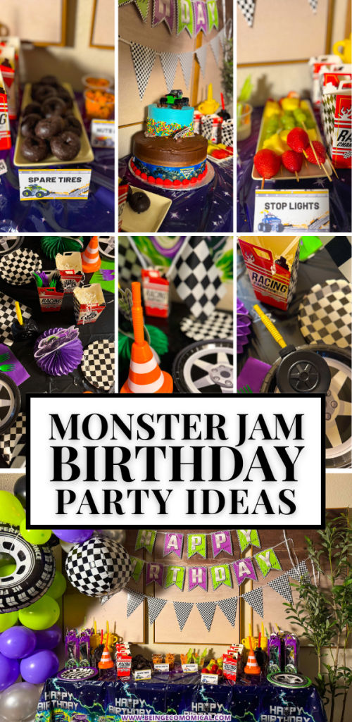 A vibrant display of a Monster Jam-themed birthday party, featuring a chocolate cake, party decorations, and themed snacks like donuts and fruit, arranged in colorful serving trays.