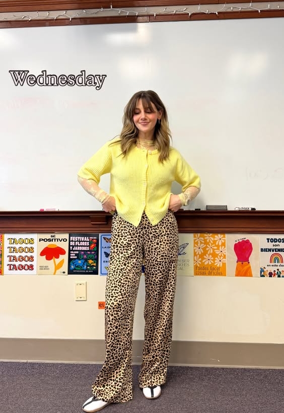 teacher outfit with yellow cardigan and leopard pants