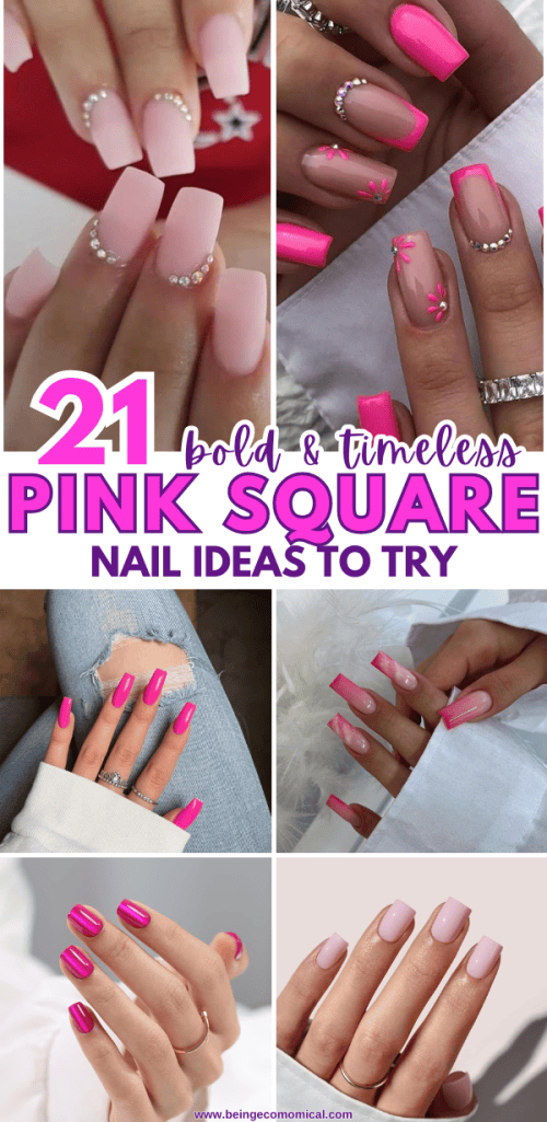 A collage of various pink square nail designs including pastel and vibrant shades, with some featuring embellishments like jewels and floral patterns.