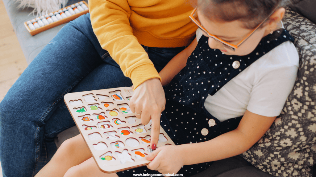 Parent helping a preschooler complete a picture puzzle during hands-on learning at home.