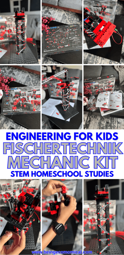Collage of images showcasing the Fischer Technik STEM Kit, including assembled models, instruction booklet, and kids engaging in building activities.