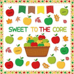 Colorful illustration featuring a basket filled with various apples, surrounded by decorative fall leaves and the phrase 'SWEET TO THE CORE' with names like Steve, John, Helen, Ellie, and Ohi.