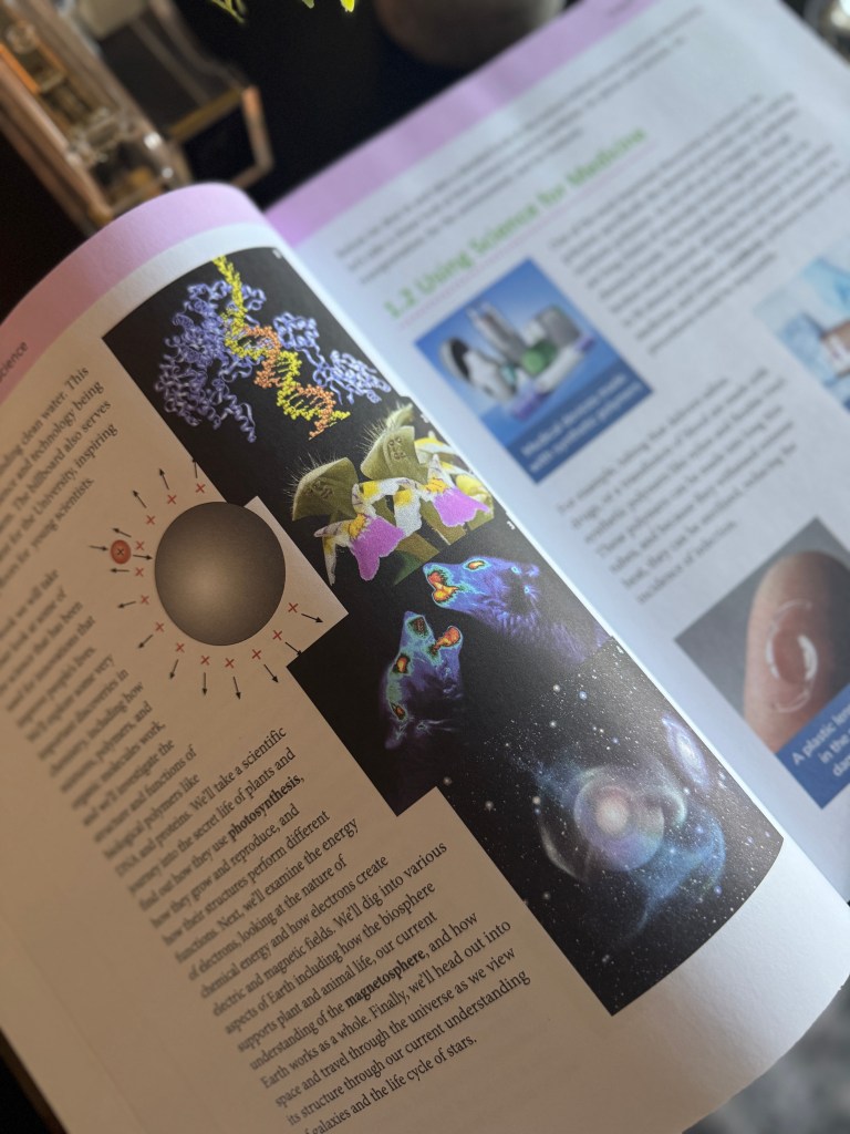 An open page of the Real Science 4 Kids Book 7, displaying colorful diagrams related to science concepts, including molecular structures, energy models, and astronomical imagery. The layout features both illustrations and text that explain scientific principles.