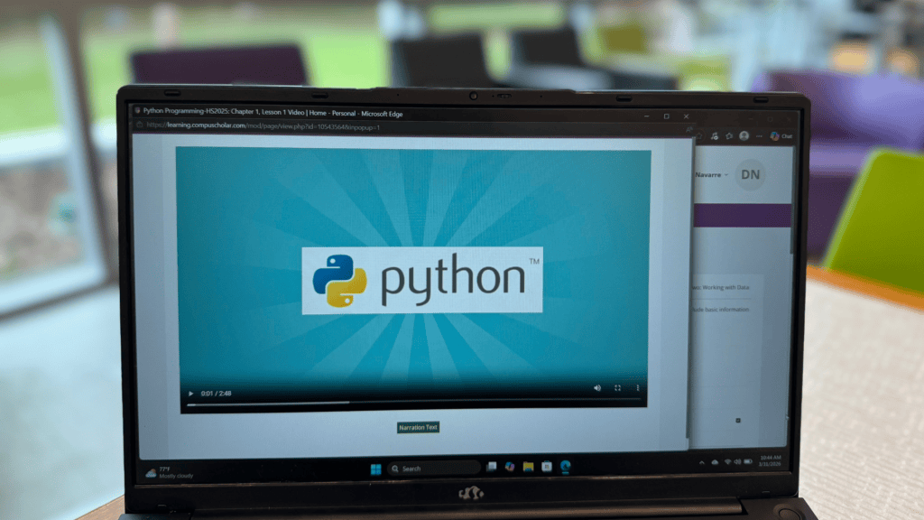 CompuScholar Python programming course review for homeschool students displayed on laptop showing coding lessons and curriculum