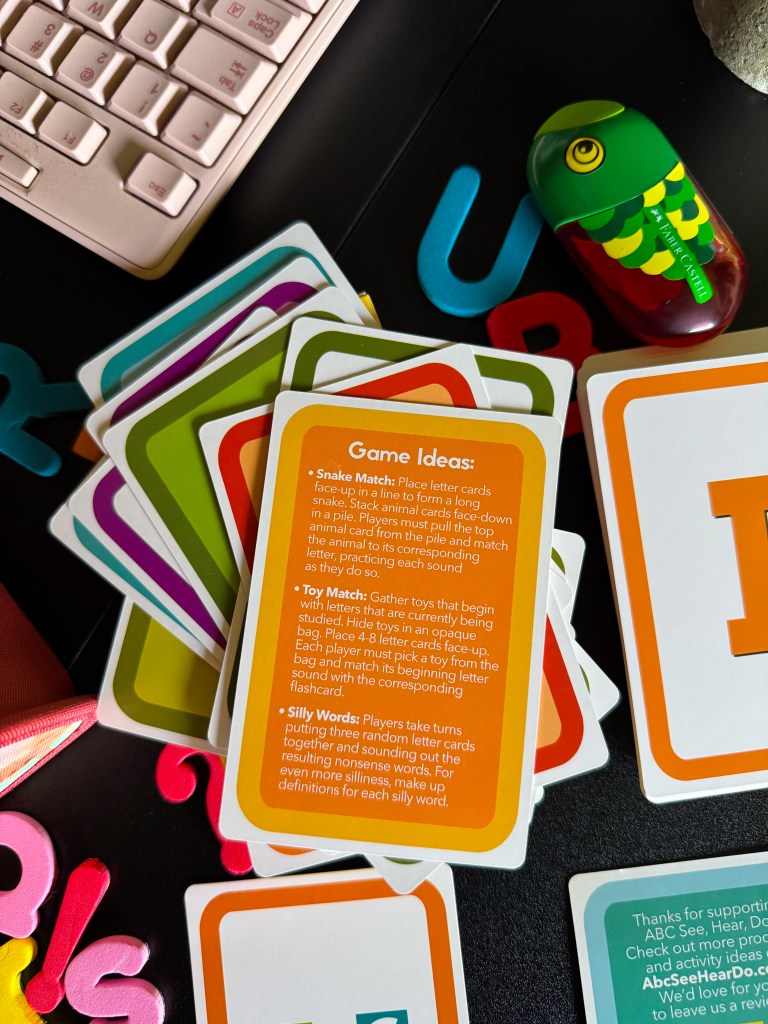 Close-up of phonics game ideas included with the ABC See, Hear, Do flashcard set