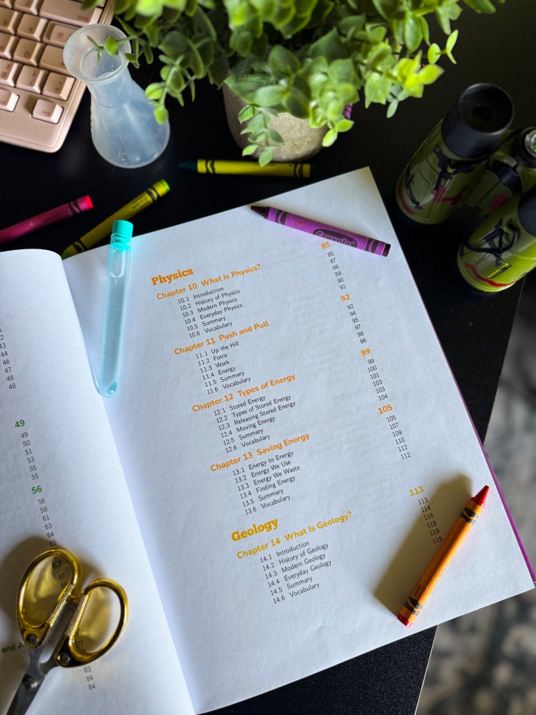 Elementary homeschool science curriculum pages covering physics and geology