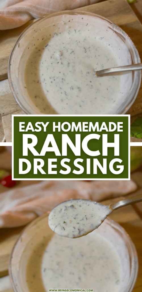 A bowl of creamy homemade ranch dressing with a spoon, on a wooden surface.