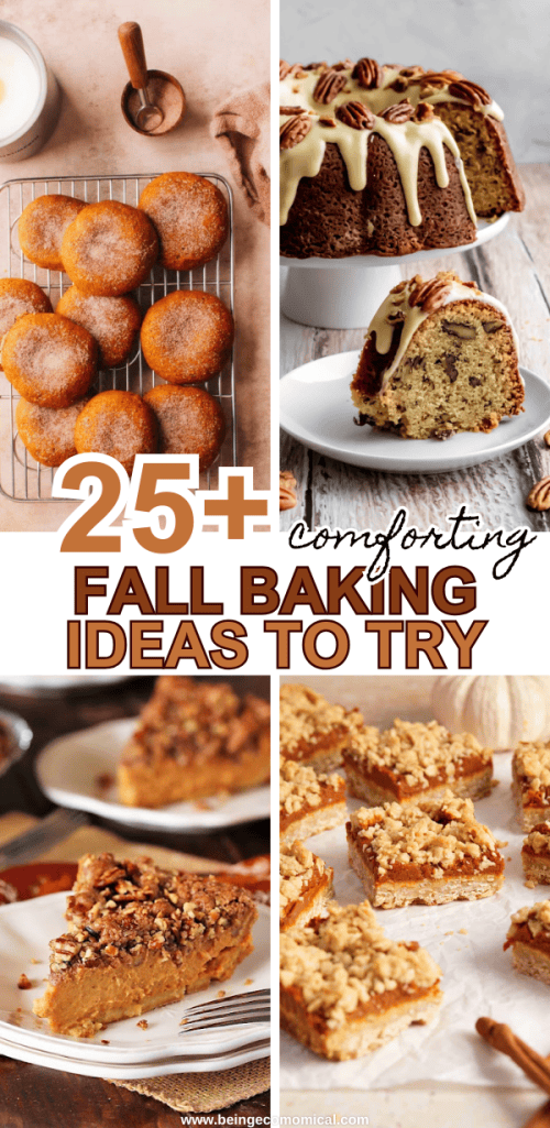 A visually appealing collage of four fall desserts: warm doughnuts on a wire rack, a glazed cake topped with pecans, pumpkin pie bars with a crumb topping, and a slice of pecan pie on a plate.