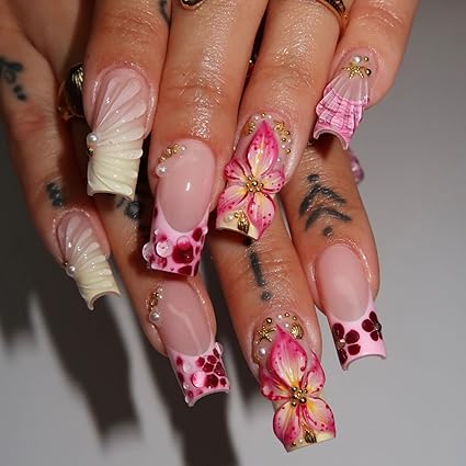 long acrylic summer nails with 3d flower design and glossy pink finish
