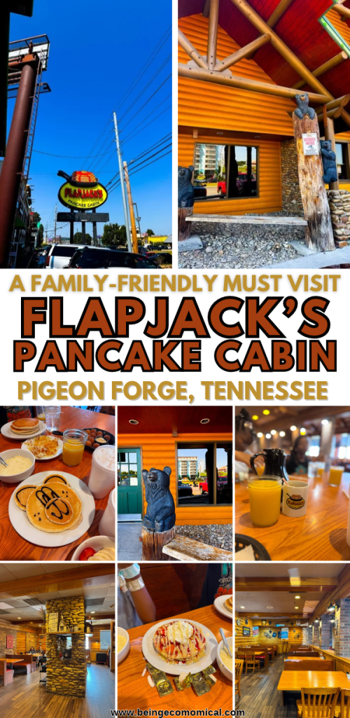 Sign for Flapjack's Pancake Cabin under a blue sky.