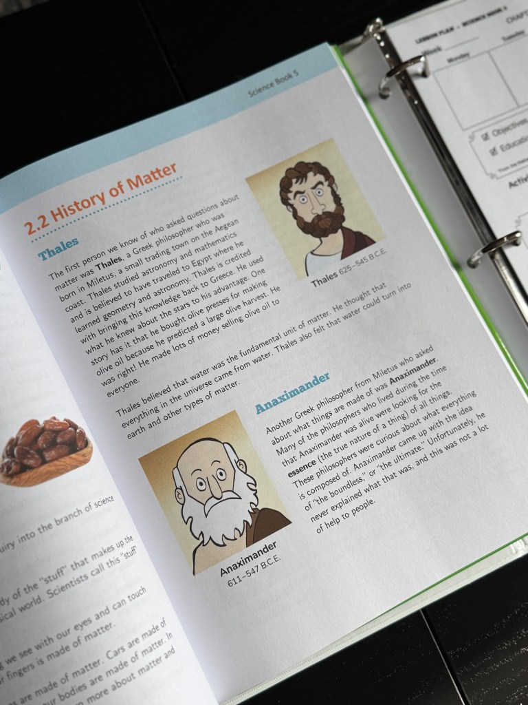An open page from Real Science 4 Kids Book 5 textbook, displaying illustrations and text about the history of matter, with portraits of Thales and Anaximander alongside their descriptions.