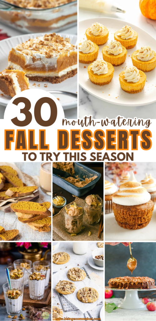 A collage of various fall desserts including pumpkin-themed treats, cupcakes, and cakes, showcasing warm autumn colors and decorative elements perfect for the season.