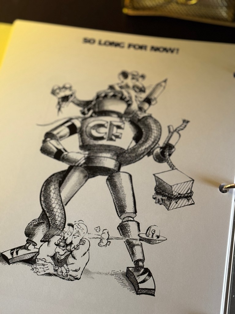 An illustrated character design featuring a large robot holding various items, alongside whimsical smaller figures and a playful caption that reads 'SO LONG FOR NOW!'