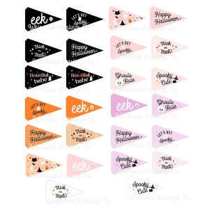 A collage of decorative pennants featuring playful Halloween phrases like 'Happy Halloween,' 'Spooky Cute,' and 'EEK!' in various colors including black, pink, and orange.